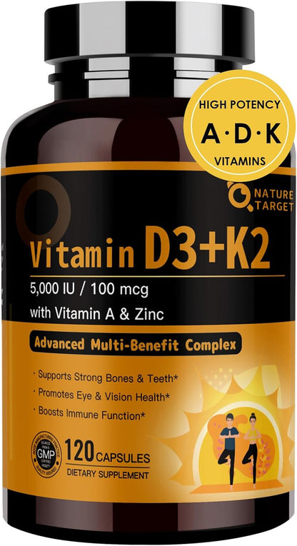 NATURE TARGET Complejo Vitamina D3 K2 con A, E y Zinc - 5000 UI, 100 mcg - 120 Cápsulas – Image 1