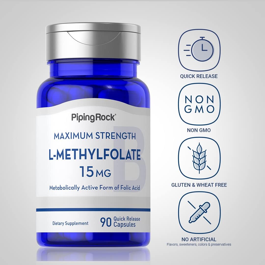 Piping Rock L-Metilfolato 15 mg | 90 Cápsulas | Ácido Fólico Activo | No-GMO, Sin Gluten