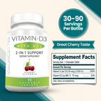 Mauricettes Vitamina D3 + K2 (MK-7) Masticable, 2000 UI, 90 Comprimidos con Sabor a Cereza