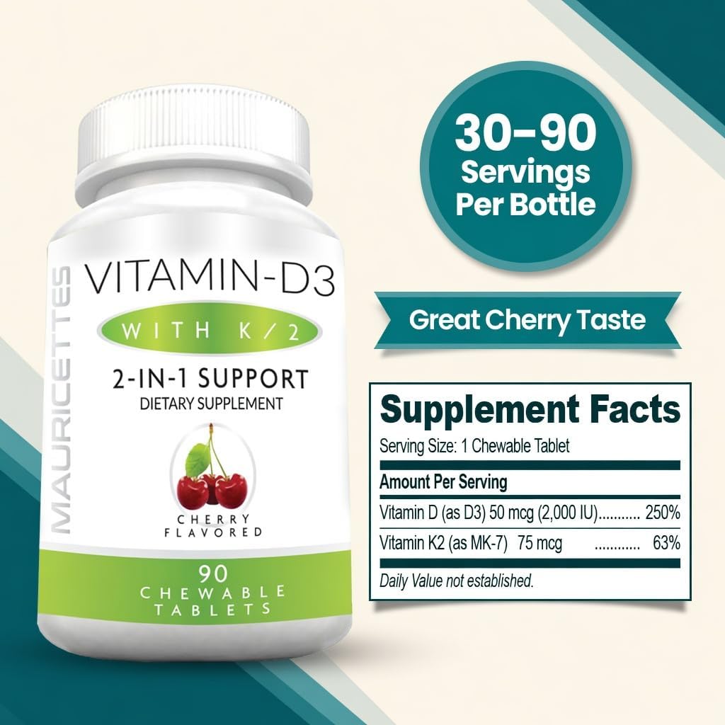 Mauricettes Vitamina D3 + K2 (MK-7) Masticable, 2000 UI, 90 Comprimidos con Sabor a Cereza