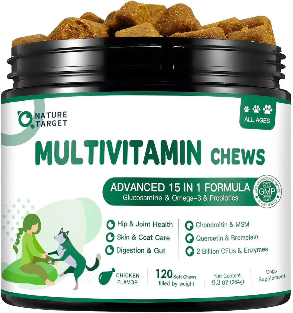 NATURE TARGET Multivitamínico para Perros - con MSM y Glucosamina, Omega 3 y 6, Probióticos para Salud Digestiva, Apoyo Articular, Piel y Pelo, Sistema Inmune y Salud General - 120 Comprimidos Blandos