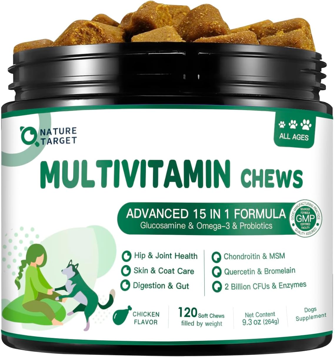 NATURE TARGET Multivitamínico para Perros - con MSM y Glucosamina, Omega 3 y 6, Probióticos para Salud Digestiva, Apoyo Articular, Piel y Pelo, Sistema Inmune y Salud General - 120 Comprimidos Blandos