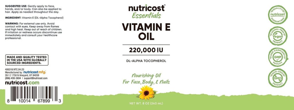 Nutricost Essentials Aceite de Vitamina E (8 Onzas / 230.000 UI) | Aceite de Vitamina E para Piel, Cabello y Uñas