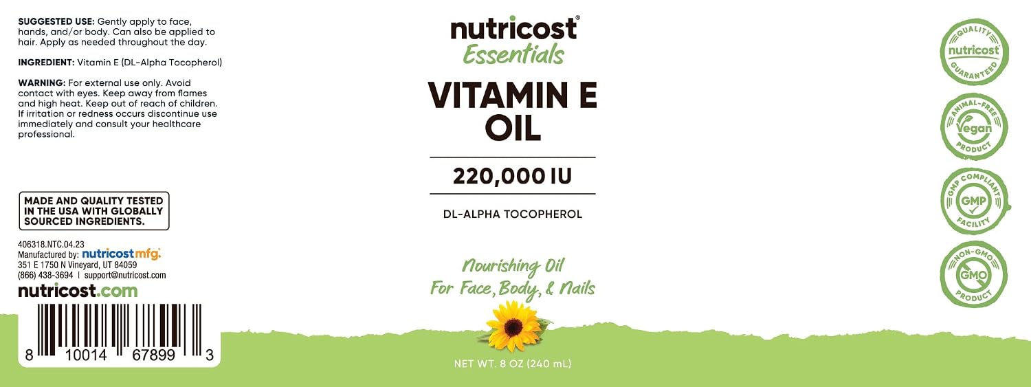 Nutricost Essentials Aceite de Vitamina E (8 Onzas / 230.000 UI) | Aceite de Vitamina E para Piel, Cabello y Uñas