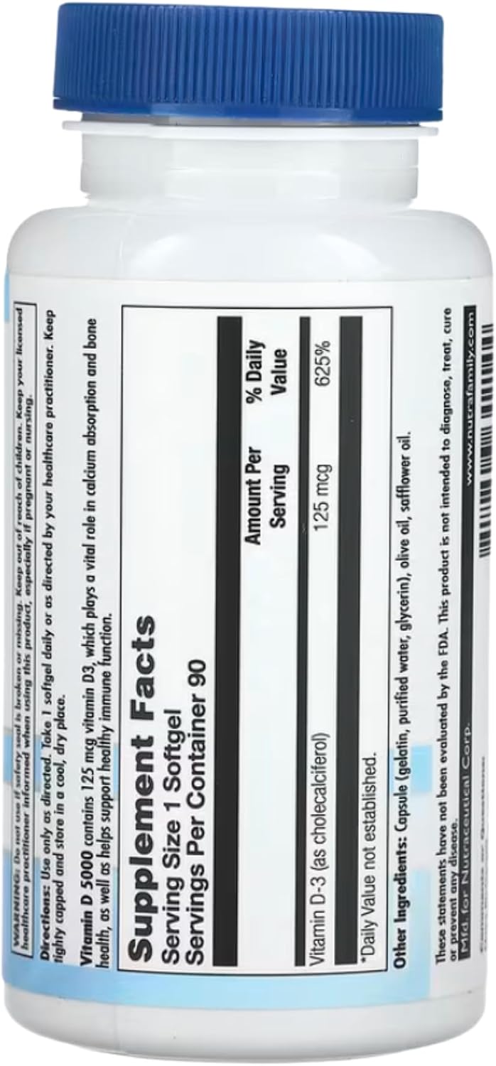 Nutra BioGenesis Vitamina D3 5000 UI - Suplemento de Vitamina D3 con Aceite de Oliva - 90 Cápsulas Blandas