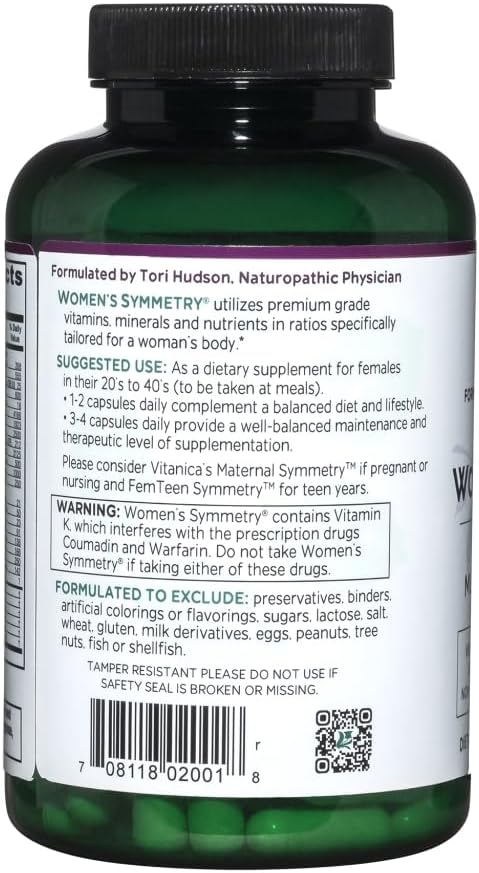 Vitanica Women's Symmetry, Multivitamínico Diario de Alta Potencia para Mujeres, Vegano, 180 Cápsulas