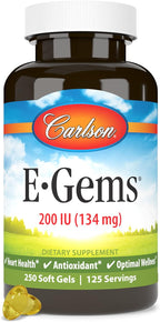 Carlson E-Gems 200 UI (134 mg), Vitamina E de Origen Natural, 250 Cápsulas Blandas