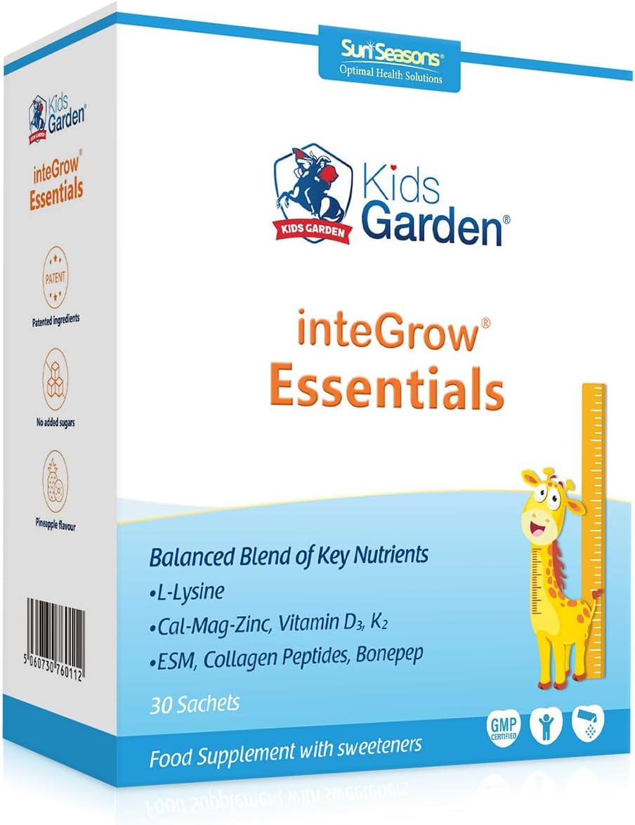 Kids Garden inteGrow Growth Essentials - Suplemento de Crecimiento con Lisina y Proteína Ósea para Niños de 3 a 18 Años - Calcio, Magnesio, Zinc, Vitamina D3, K2, OPN, CBP, CPP - Sabor Piña - 30 Sobres