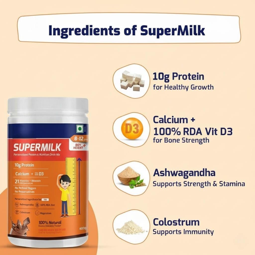 Supermilk Height+ para niños de 8 a 12 años, bebida saludable en polvo, alto contenido proteico con calcio + D3, 21 vitaminas y minerales, sin azúcar refinado, chocolate doble natural, 400 g