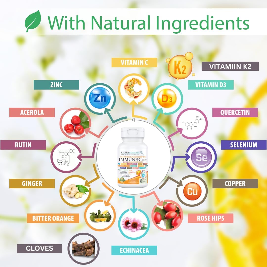 Kappa Nutrition Immune C Plus - Complejo de 14 ingredientes con Quercetina, Vitamina C, Zinc, Vitamina D3, Selenio, Cobre y más (90 cápsulas)