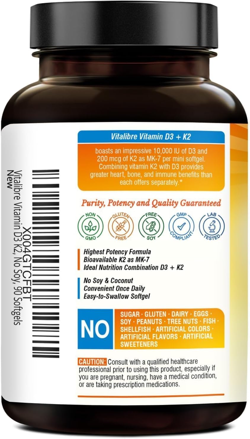 Vitalibre Vitamina D3 K2, 10000 UI D3 / 200 mcg K2 MK7, 90 Cápsulas Blandas