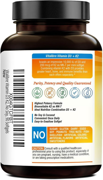 Vitalibre Vitamina D3 K2, 10000 UI D3 / 200 mcg K2 MK7, 90 Cápsulas Blandas – Image 9