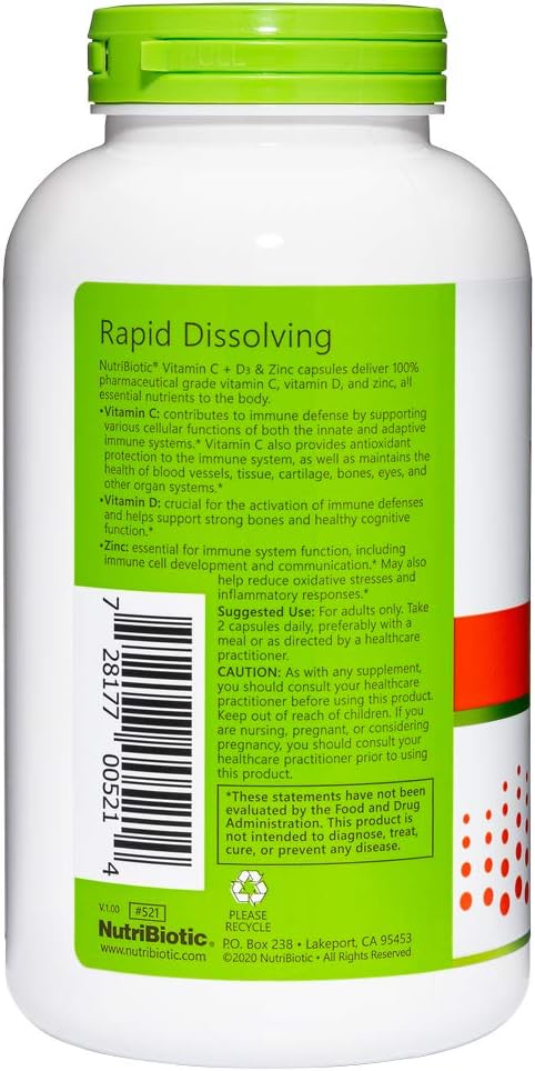 NutriBiotic – Vitamina C + Vitamina D3 y Zinc, 250 Cápsulas