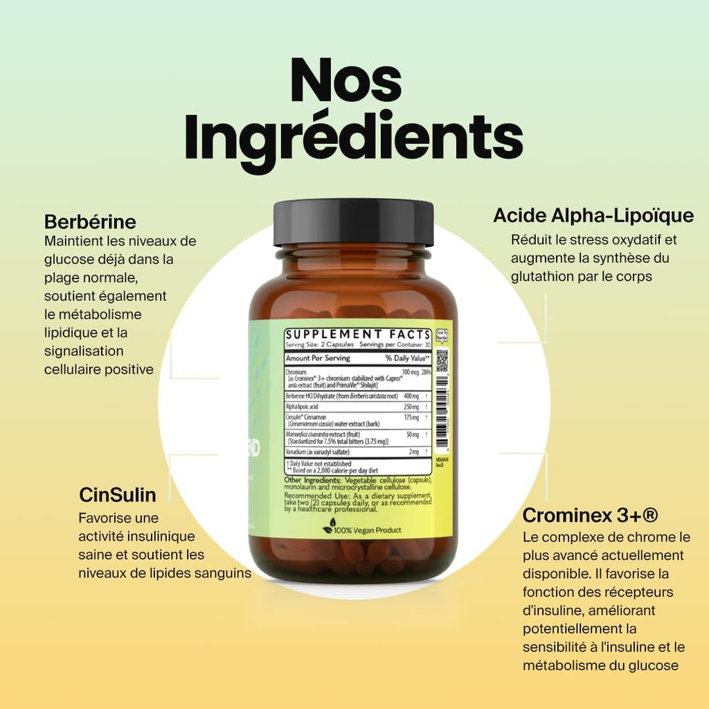Glucose Defend con Berberina, Ácido Alfa Lipoico, CinSulin® Canela, Crominex 3+®, Extracto de Momordica Charantia, Vanadio – 60 Cápsulas Veganas