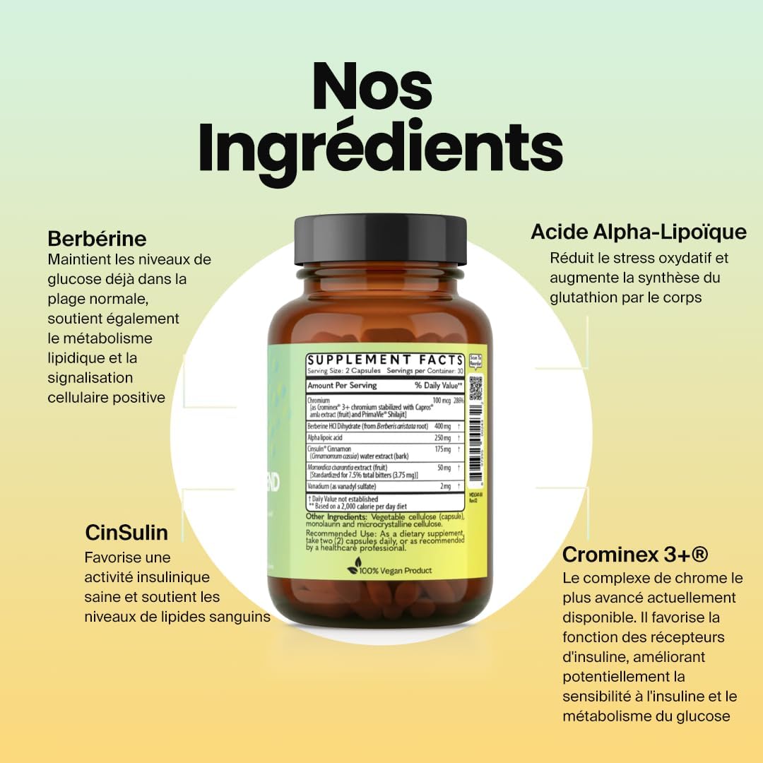 Glucose Defend con Berberina, Ácido Alfa Lipoico, CinSulin® Canela, Crominex 3+®, Extracto de Momordica Charantia, Vanadio – 60 Cápsulas Veganas