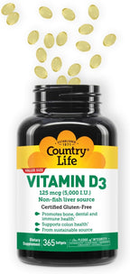 Country Life Vitamina D3 5000 UI – Alta Potencia, Sin Pescado, Apoya la Salud Ósea e Inmune – 365 Cápsulas Blandas, Certificado Sin Gluten