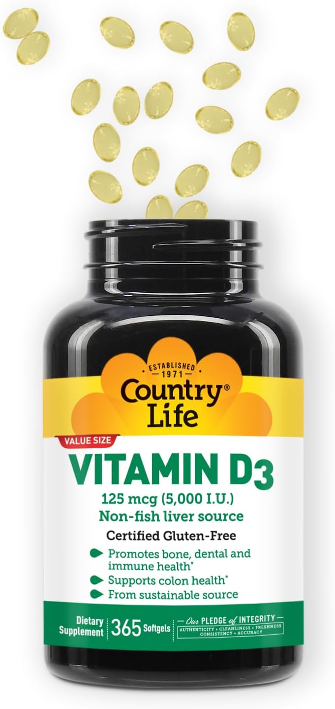 Country Life Vitamina D3 5000 UI – Alta Potencia, Sin Pescado, Apoya la Salud Ósea e Inmune – 365 Cápsulas Blandas, Certificado Sin Gluten