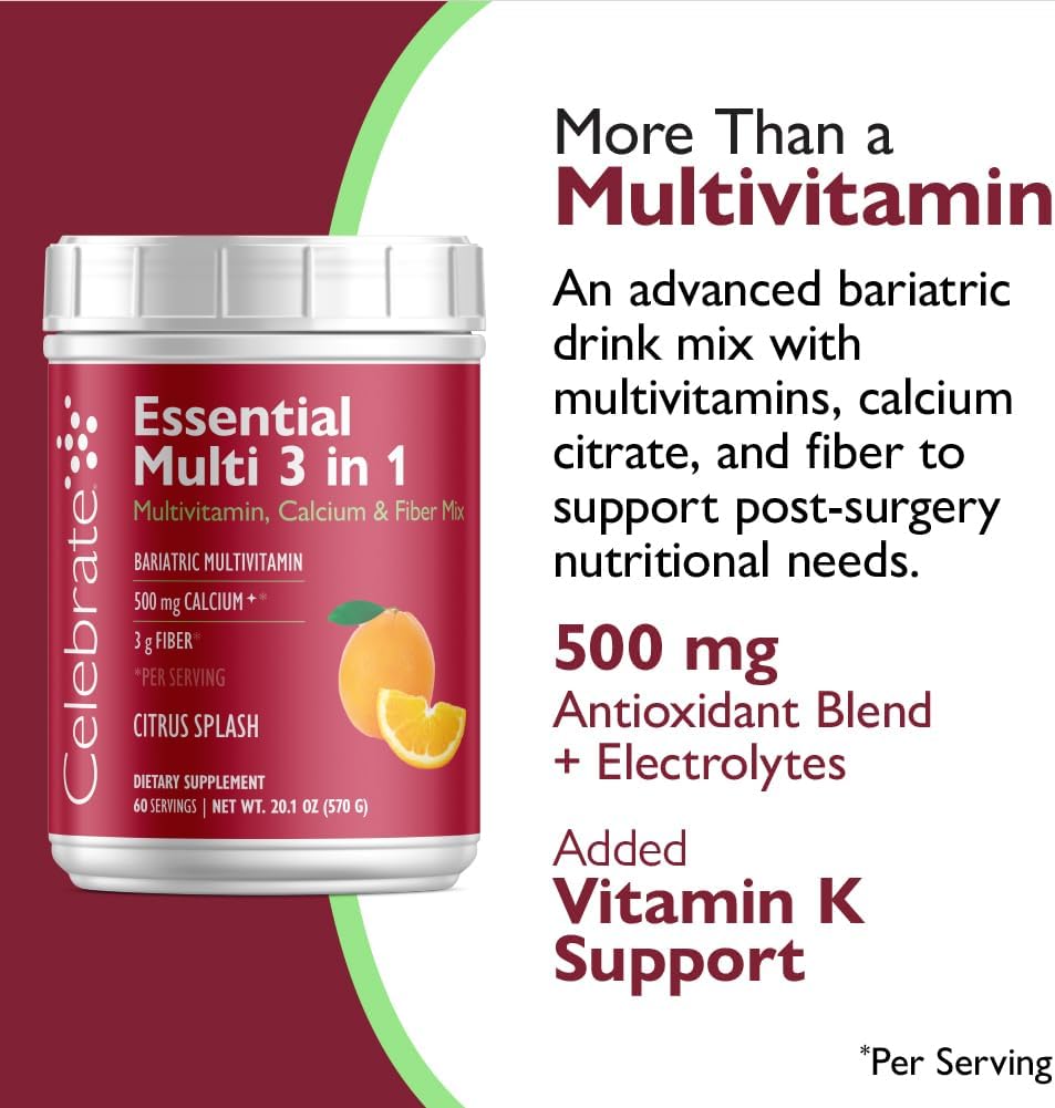 Celebrate Vitamins 3-in-1 Multivitamínico Bariátrico con Citrato de Calcio - Mezcla en Polvo para Beber - Sabor Cítricos - 60 Porciones