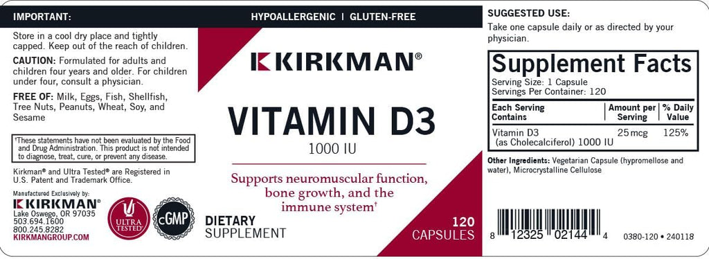 Kirkman Vitamina D-3 1000 UI - Hipoalergénico, 120 cápsulas