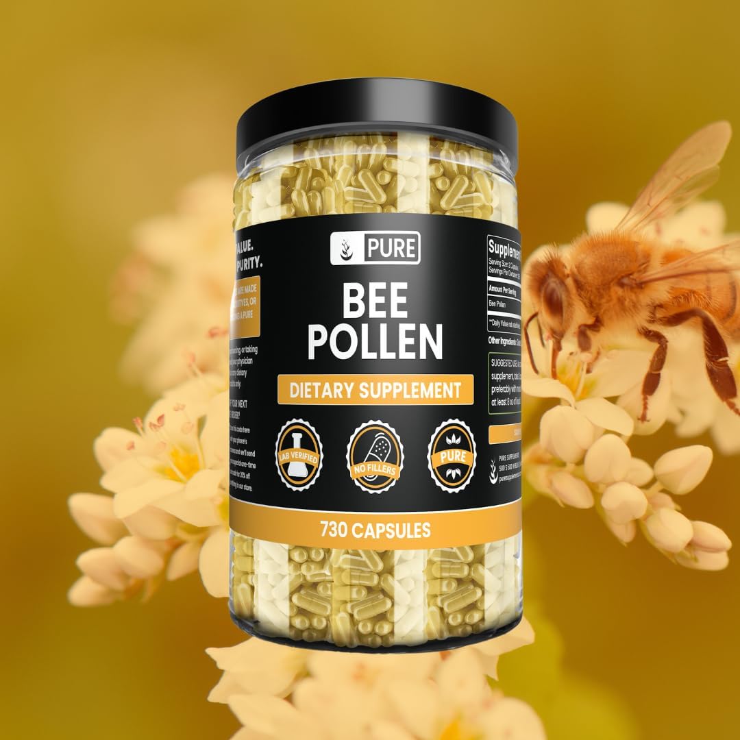 PURE ORIGINAL INGREDIENTS Polen de Abeja, Sin Rellenos de Magnesio o Arroz, Siempre Puro, Verificado en Laboratorio (730 Cápsulas)