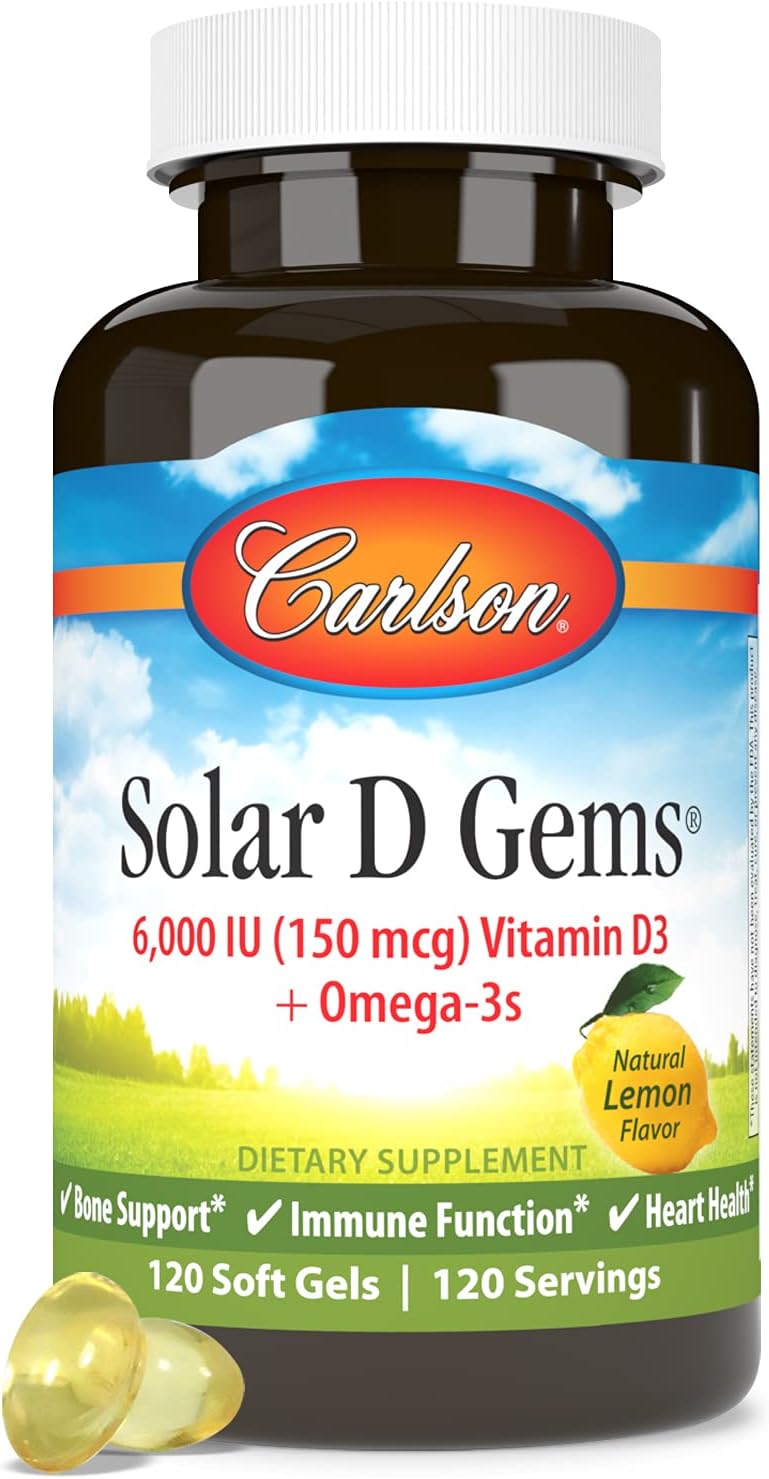 Carlson Solar D Gems, Vitamina D3 y Omega-3, 6000 UI, 120 Cápsulas Blandas