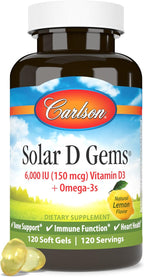 Carlson Solar D Gems, Vitamina D3 y Omega-3, 6000 UI, 120 Cápsulas Blandas