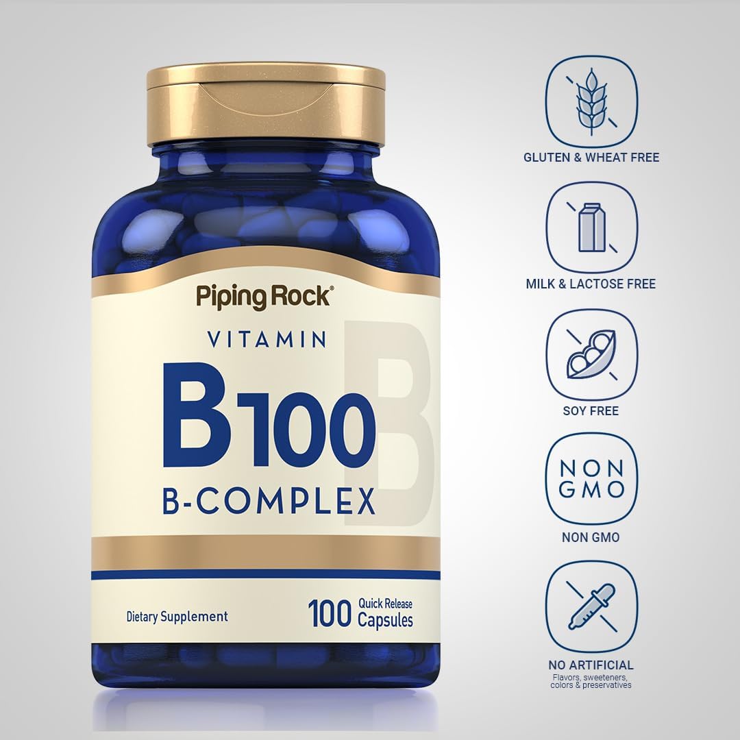 Piping Rock B-100 Complex | 100 Capsules | Vitamins B12, B1, B2, B6 | Non-GMO, Gluten-Free Supplement