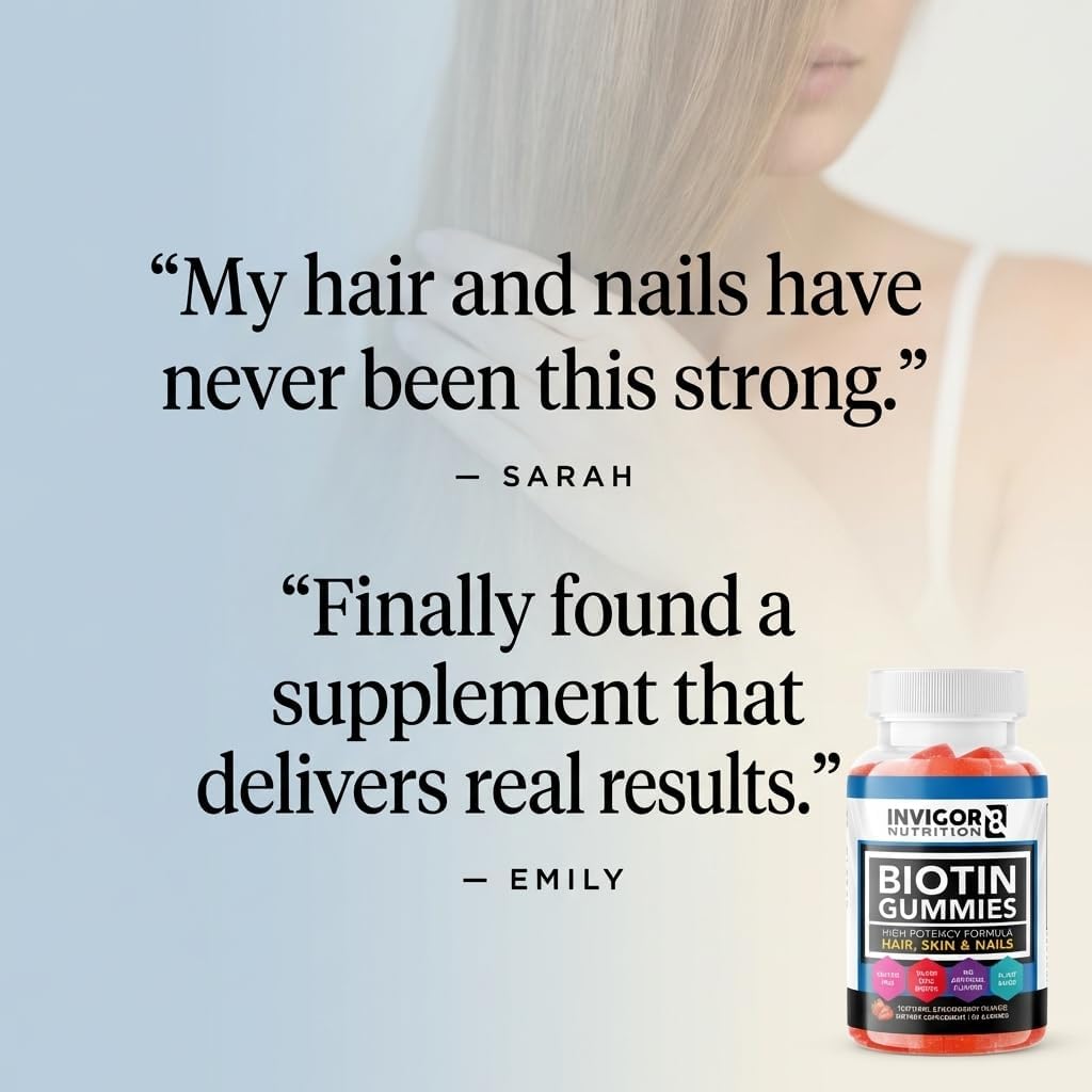 INVIGOR8 Biotin Gummies 10000mcg - Gominolas de Biotina para Cabello, Piel y Uñas - 60 Gominolas de Fresa - Vegano, Kosher, Halal