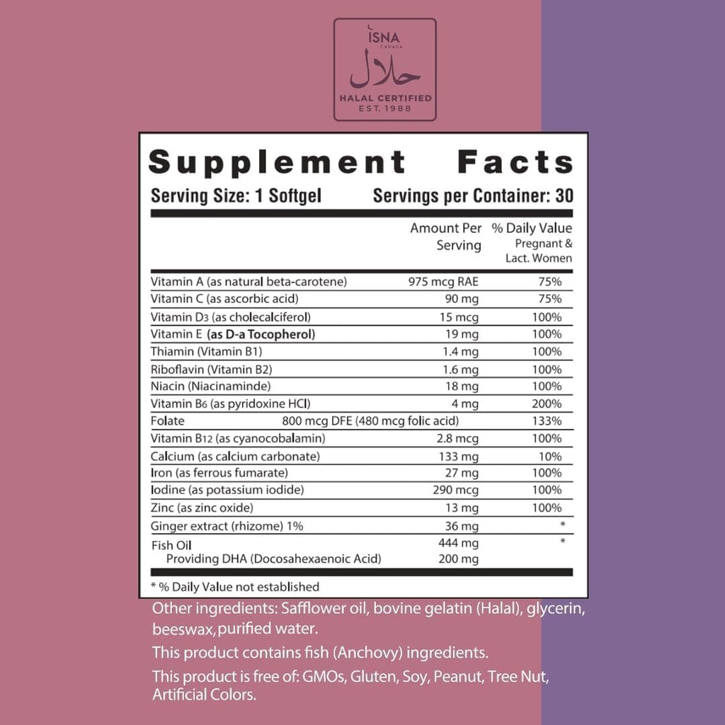 Noor Vitamins Vitaminas Prenatales Halal con DHA y Ácido Fólico - 1 Mes
