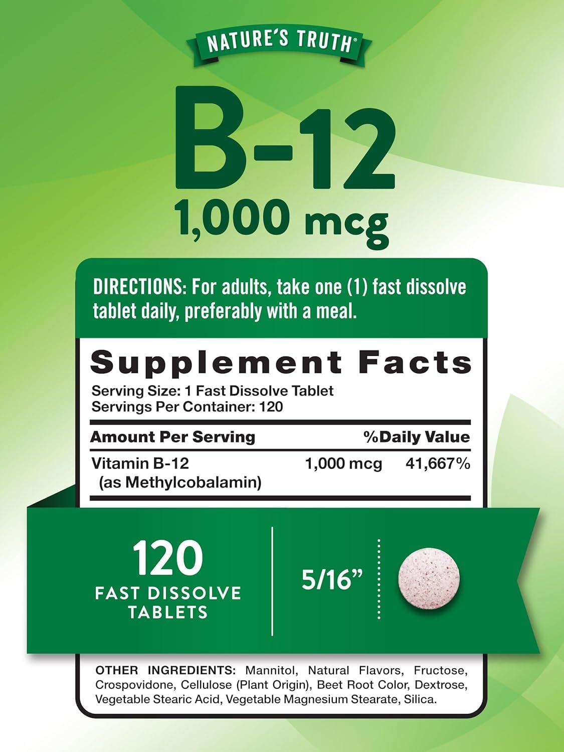Nature's Truth Vitamina B-12 Metilcobalamina 1000 mcg, Comprimidos de Disolución Rápida, Sabor Natural a Bayas, 120 Comprimidos (Pack de 3)