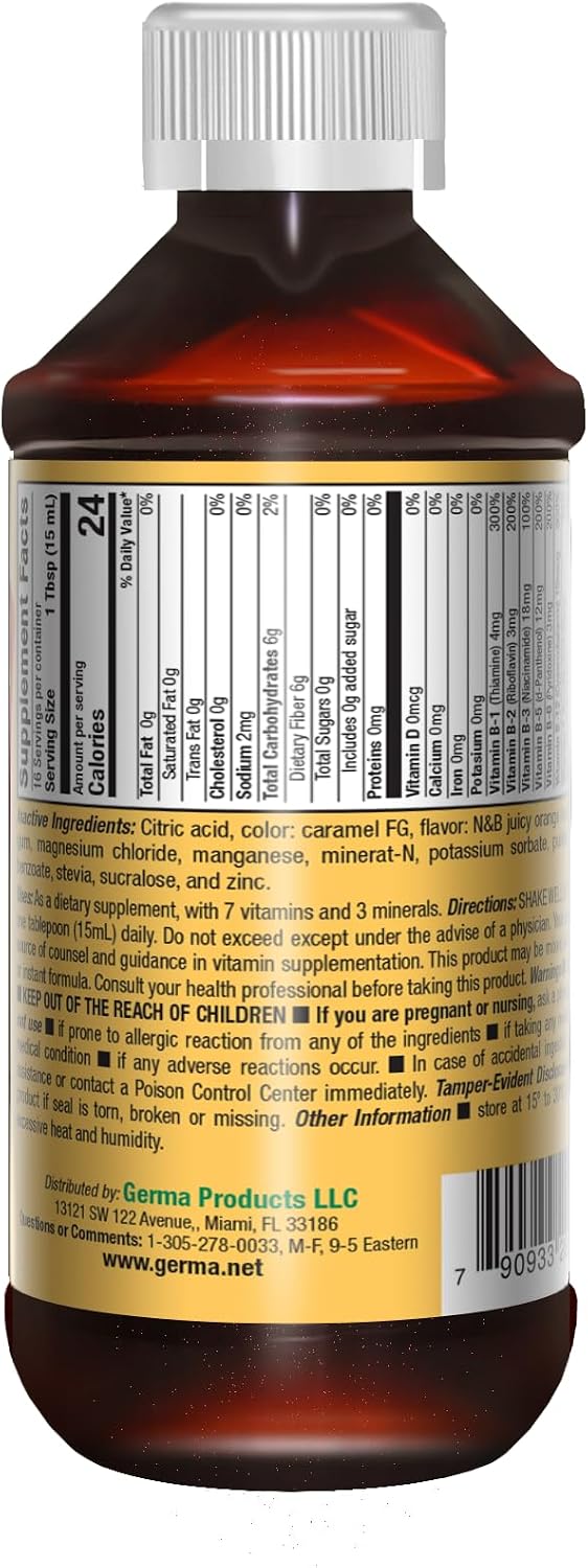 Germa Jarabe Complejo B - Suplemento de Vitaminas B, Sin Azúcar, Sabor Naranja, 237 ml