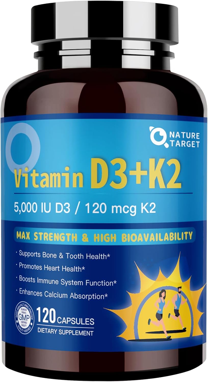 Complejo de Vitamina D3 K2 con Calcio y Magnesio - 6 en 1 - 5000 UI D3, 120 mcg K2 - 120 Cápsulas