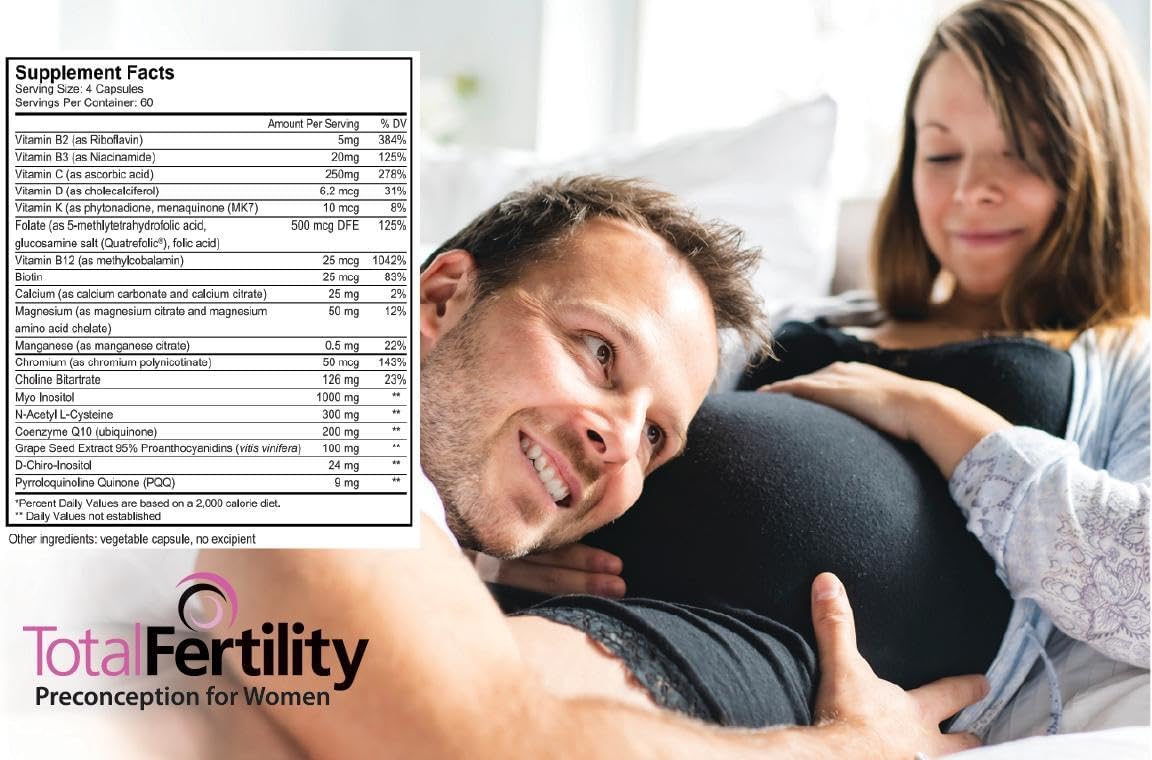 Total Fertility Preconception for Women - Suplemento de Preconcepción con CoQ10, PQQ, NAC y Myo-Inositol, 240 Cápsulas