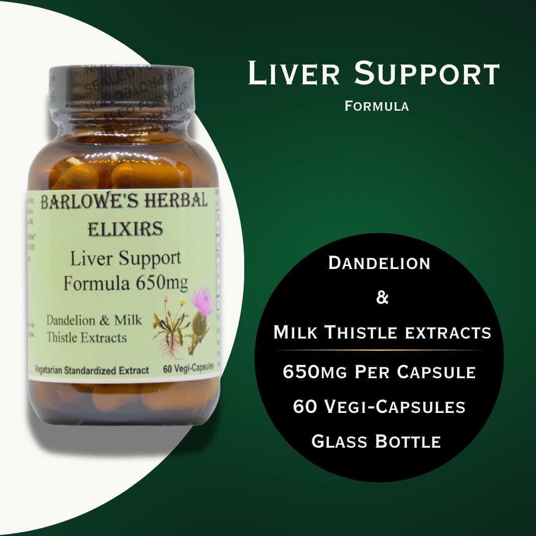 Barlowe's Herbal Elixirs Fórmula de Apoyo Hepático - Extracto de Diente de León y Cardo Mariano, 650mg, 60 Cápsulas Veganas