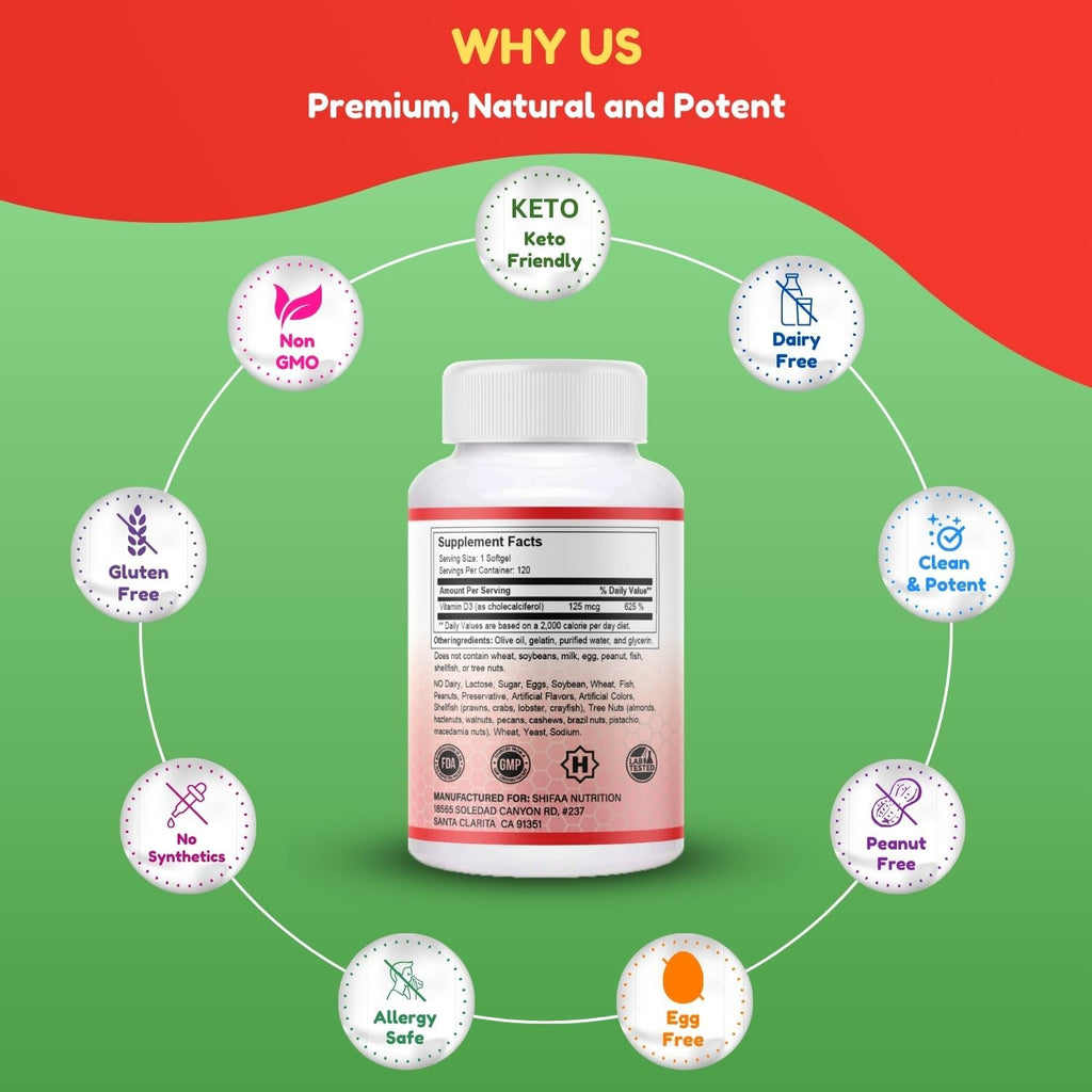 SHIFAA NUTRITION Vitamina D3 5000 IU Halal - 120 Cápsulas Blandas - No-GMO, Sin Gluten