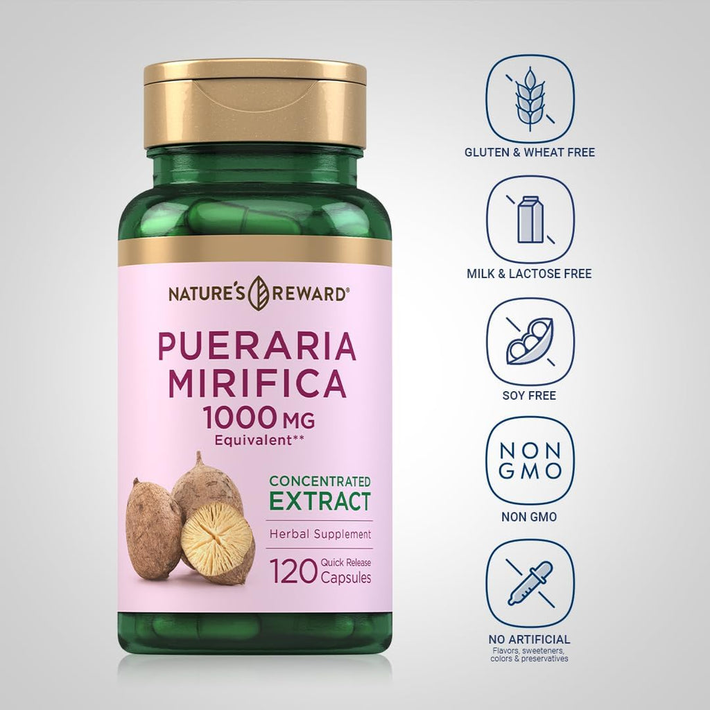 Pueraria Mirifica Cápsulas | Extracto de Raíz | 120 Cápsulas | No-GMO, Sin Gluten | Nature's Reward