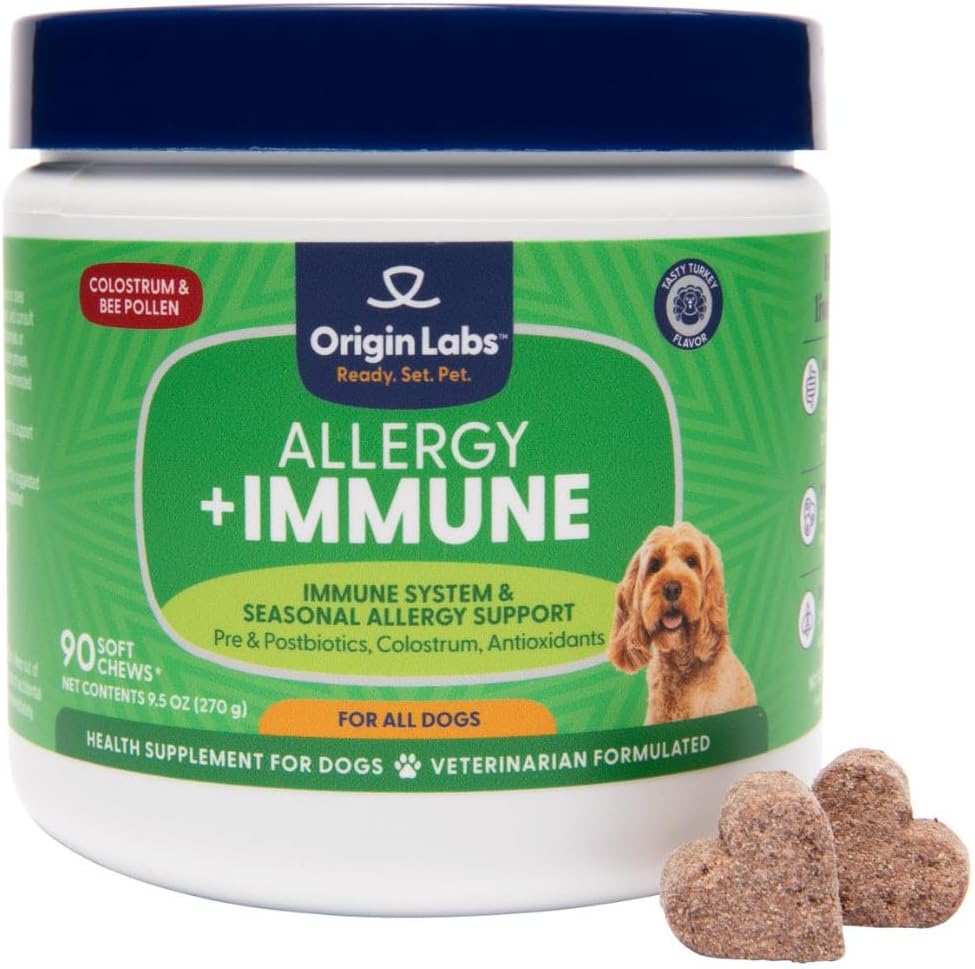 Origin Labs Complemento de Apoyo a las Alergias y el Sistema Inmunitario para Perros, Omega 3, Polen de Abeja, Calostro, Probióticos y Prebióticos, Sabor a Pavo, 90 Masticables Blandos