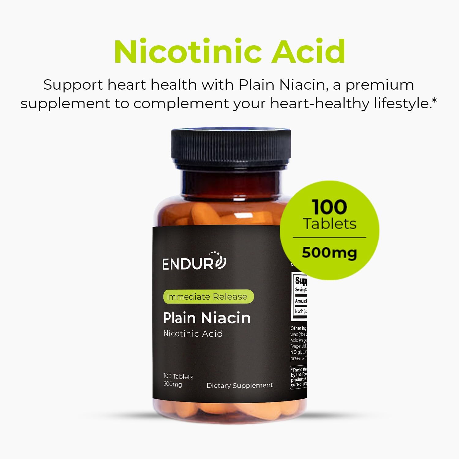 Endur Niacin IR (Immediate Release) Nicotinic Acid 500 mg, 100 Tablets