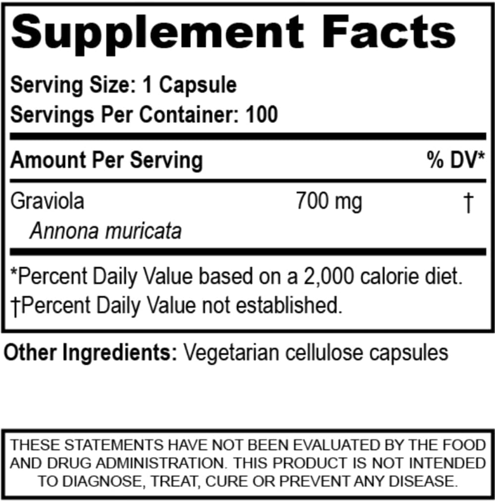 Guanábana (Graviola Soursop) - Antioxidante - Apoyo Celular - 100 Cápsulas Vegetarianas