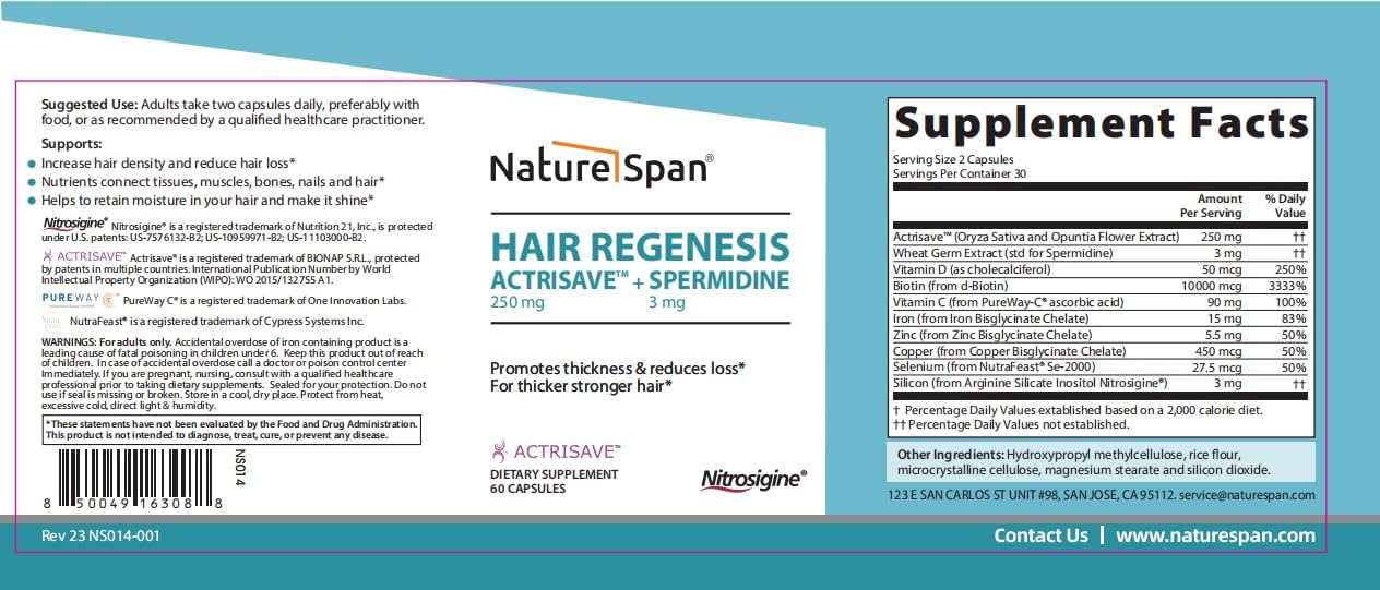 NATURESPAN Hair Regenesis ACTRISAVE™ 250mg + Spermidine 3mg – 60 Cápsulas