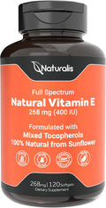 Naturalis Sunflower Vitamin E 670mg (1000 IU) with Mixed Tocopherols | Essential Skin Vitamin & Immune Support | Non-GMO, Soy & Gluten Free | 120 Softgels