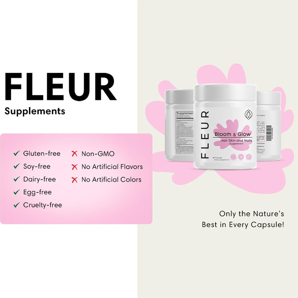 FLEUR Bloom & Glow Gummies para Cabello, Piel y Uñas - Suplemento con Biotina e Inositol - 60 Gominolas Veganas Sin Azúcar