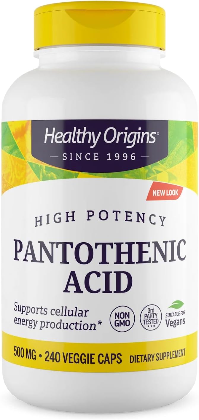 Healthy Origins Premium Vitamin B5 Pantothenic Acid 500 mg Cápsulas Veganas, Alta Concentración, Energía y Metabolismo, Cansancio y Fatiga, 240 cápsulas