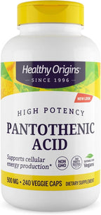 Healthy Origins Premium Vitamin B5 Pantothenic Acid 500 mg Cápsulas Veganas, Alta Concentración, Energía y Metabolismo, Cansancio y Fatiga, 240 cápsulas