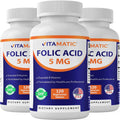 Ácido Fólico 5 mg (5000 mcg) - 360 Comprimidos Vegetarianos - Pack de 3 - Vitamina B9 - Vitamatic