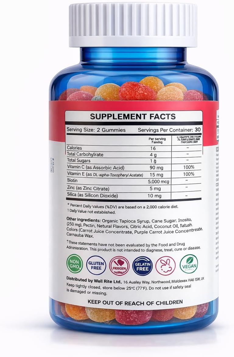 Wellrite Glow Skin Gummy Vitamins – Gominolas para la piel, 60 uds, sabor manzana, veganas