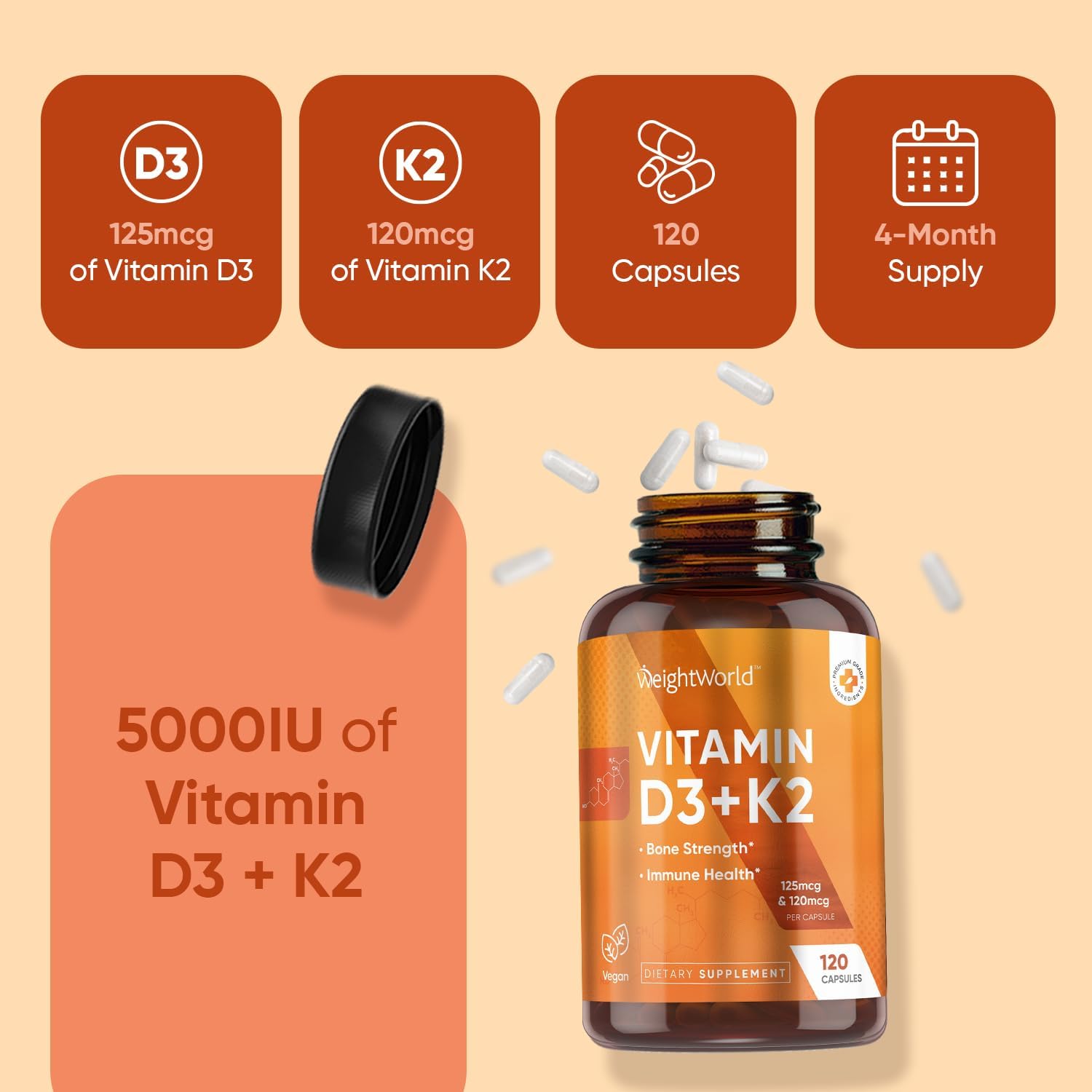 WeightWorld Vitamina D3 5000 UI + K2 MK-7 120 mcg - 120 Cápsulas