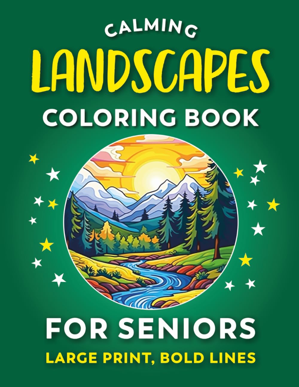 Libro de colorear relajante para mayores - Paisajes: 30 páginas con letra grande y líneas gruesas para adultos con demencia, Alzheimer, baja visión