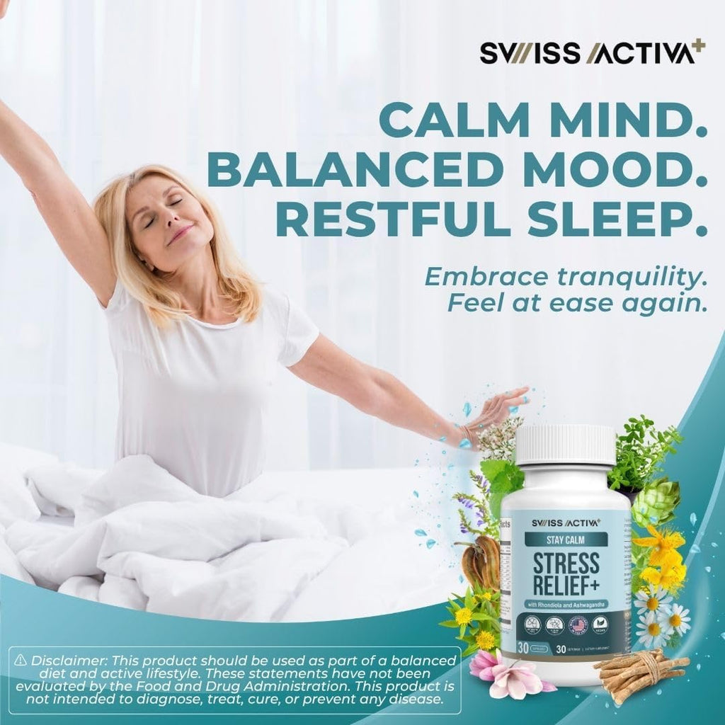 Swiss Activa+ Suplemento para el Estrés y la Calma con Ashwagandha, Rhodiola, GABA y L-Theanina - 30 Cápsulas