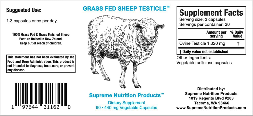 Supreme Nutrition Sheep Testicle - Testículo Ovino 100% Grass Fed, 90 Cápsulas